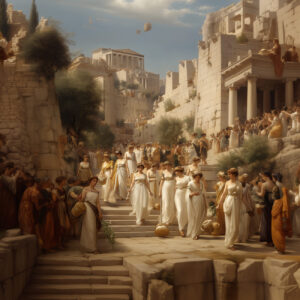 Priestesses lead a procession through an ancient stone city.