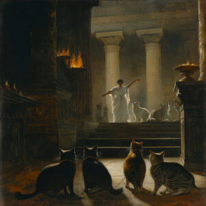A priestess performs a ritual in a temple full of cats.