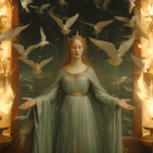 A priestess chants while surrounded by white birds.