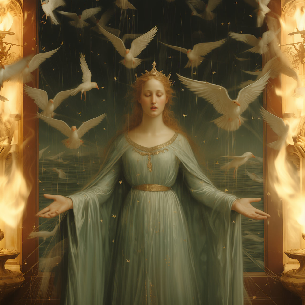 A priestess chants while surrounded by white birds.