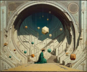 A priestess kneels outside a geometric temple.