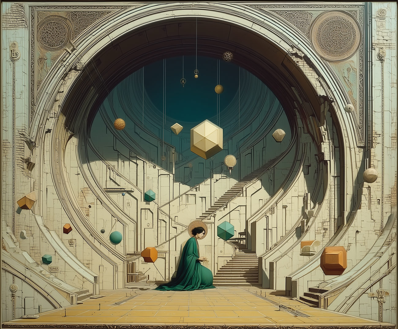 A priestess kneels outside a geometric temple.