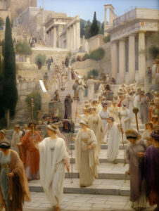 Priestesses with staffs lead a procession through an ancient Greek city.