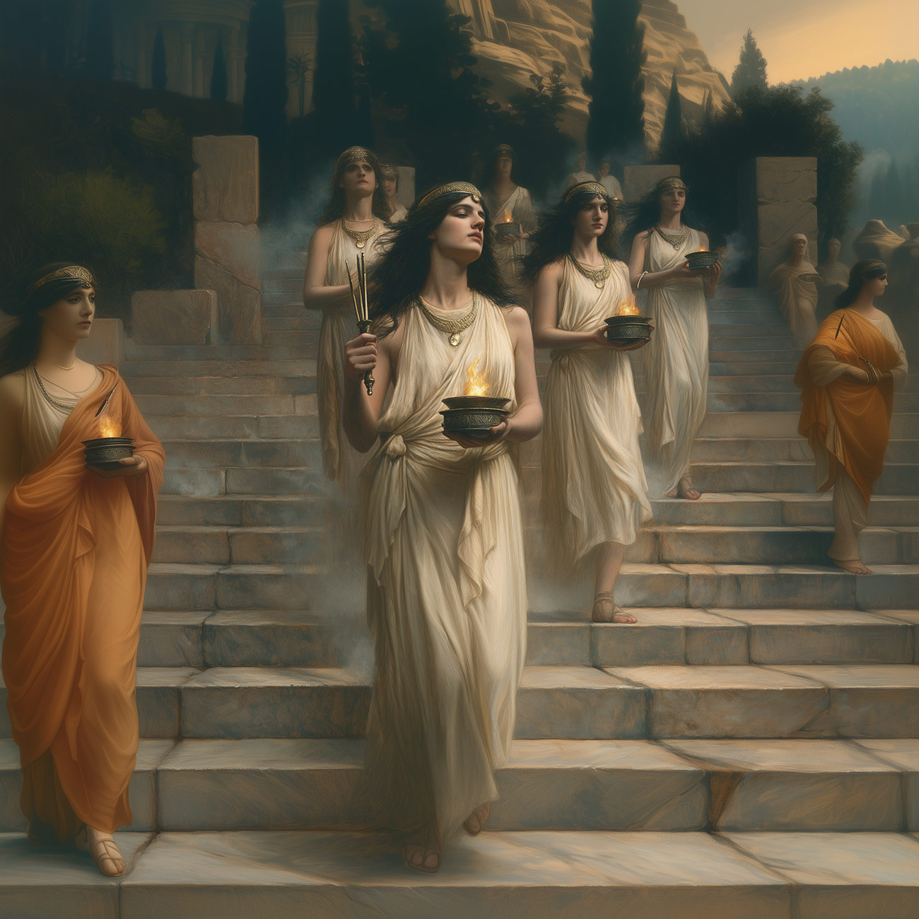 Priestesses perform a ritual at twilight.