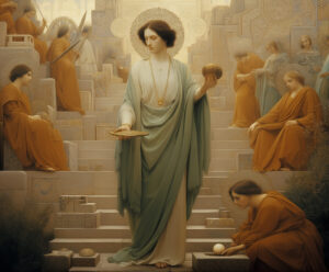 A priestess performs a ritual on the temple steps.