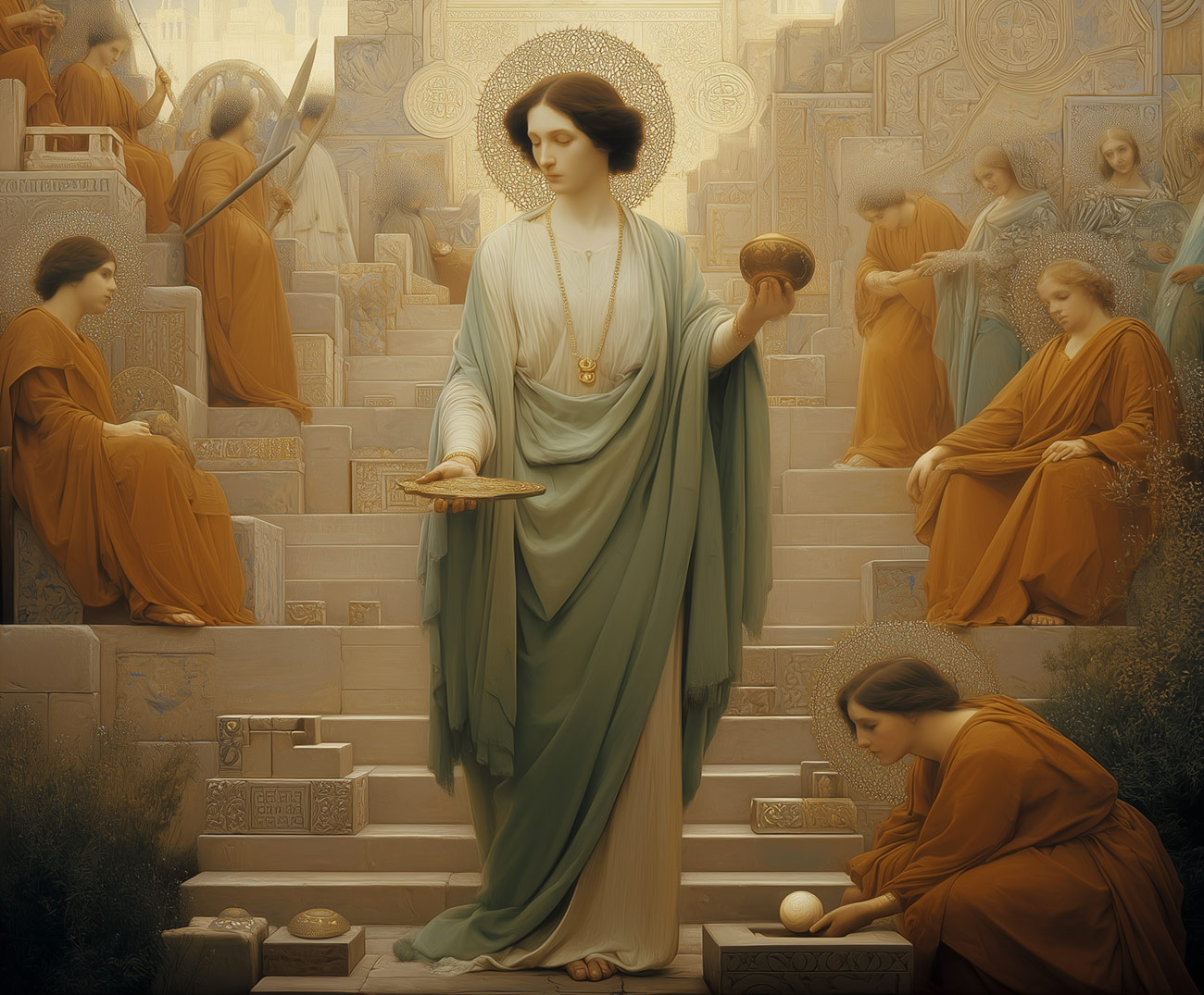 A priestess performs a ritual on the temple steps.