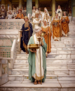 A priestess with a brass urn on the temple steps.