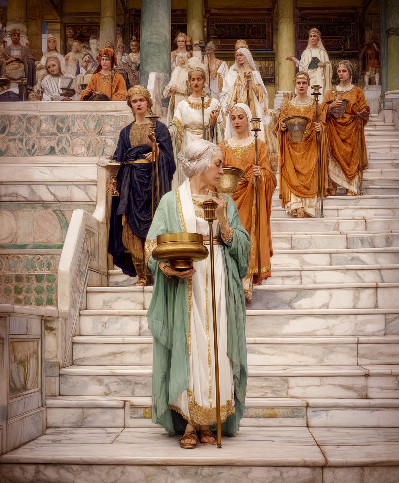 A priestess with a brass urn on the temple steps.