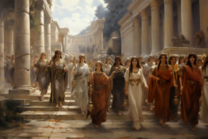 Young priestesses lead a procession through an ancient Roman city.