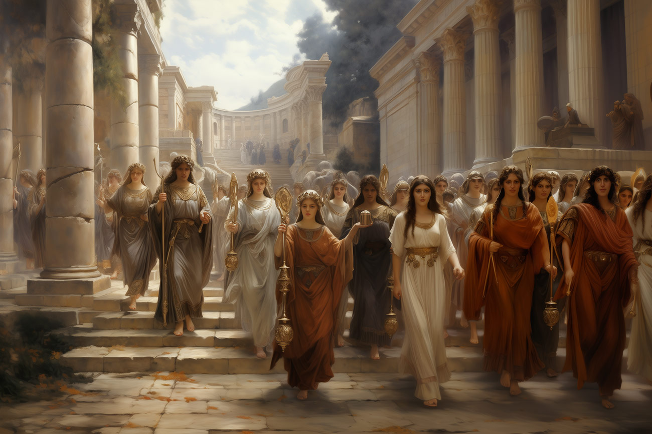 Young priestesses lead a procession through an ancient Roman city.