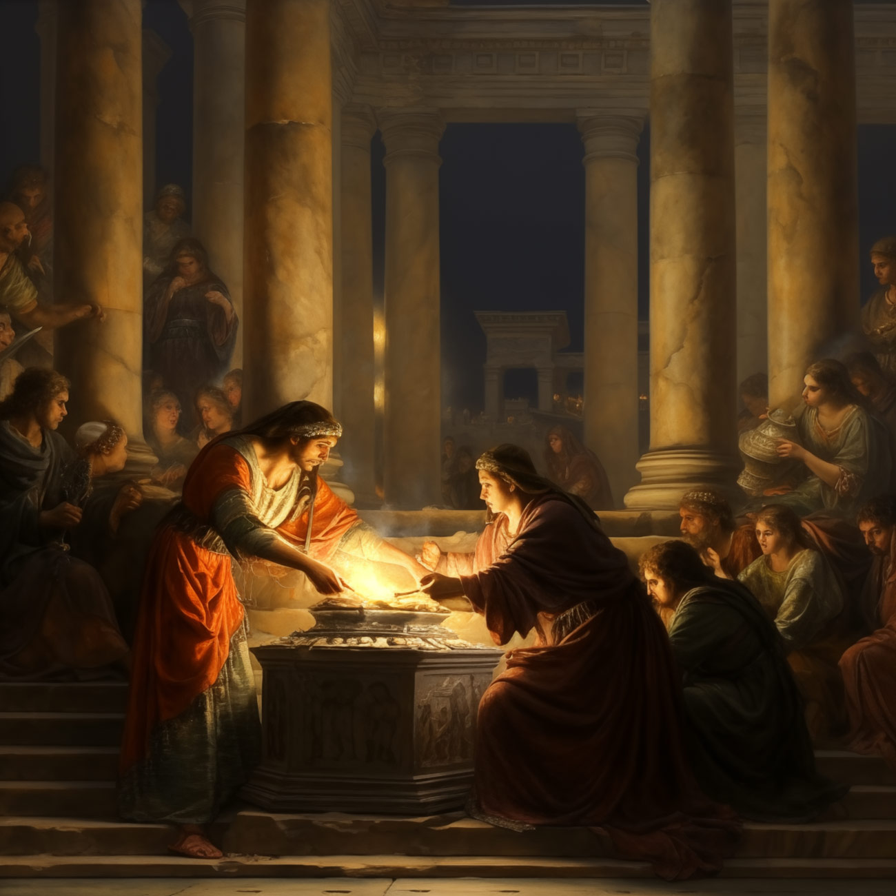 A priest and a priest perform a ritual with fire.