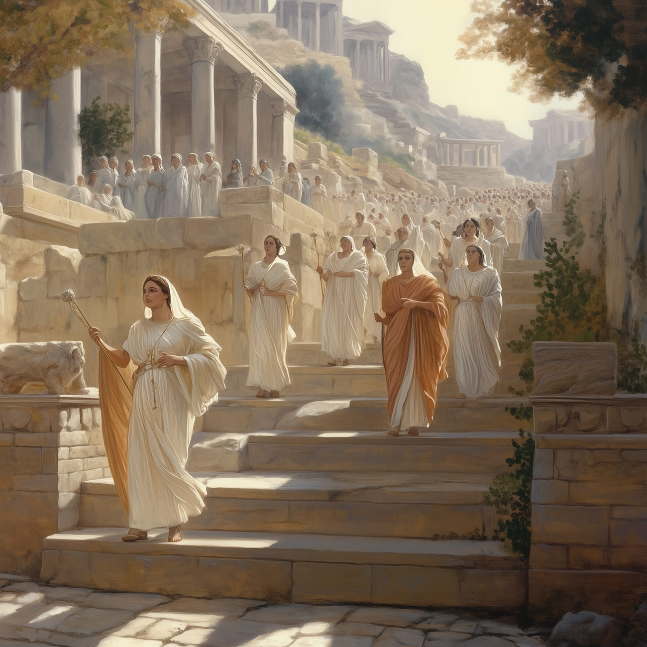 A parade of priestesses down the wide stairs in an ancient Greek city.