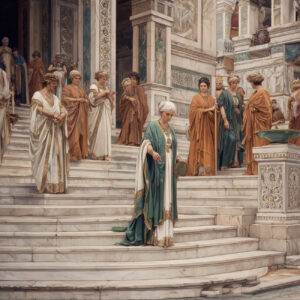 A priestess in green performs a ritual on the temple stairs.