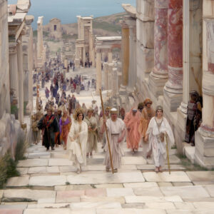 Priestesses and a priest lead a procession through an ancient port city.
