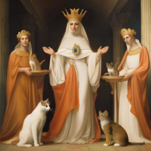 A crowned priestess with kittens and cats.
