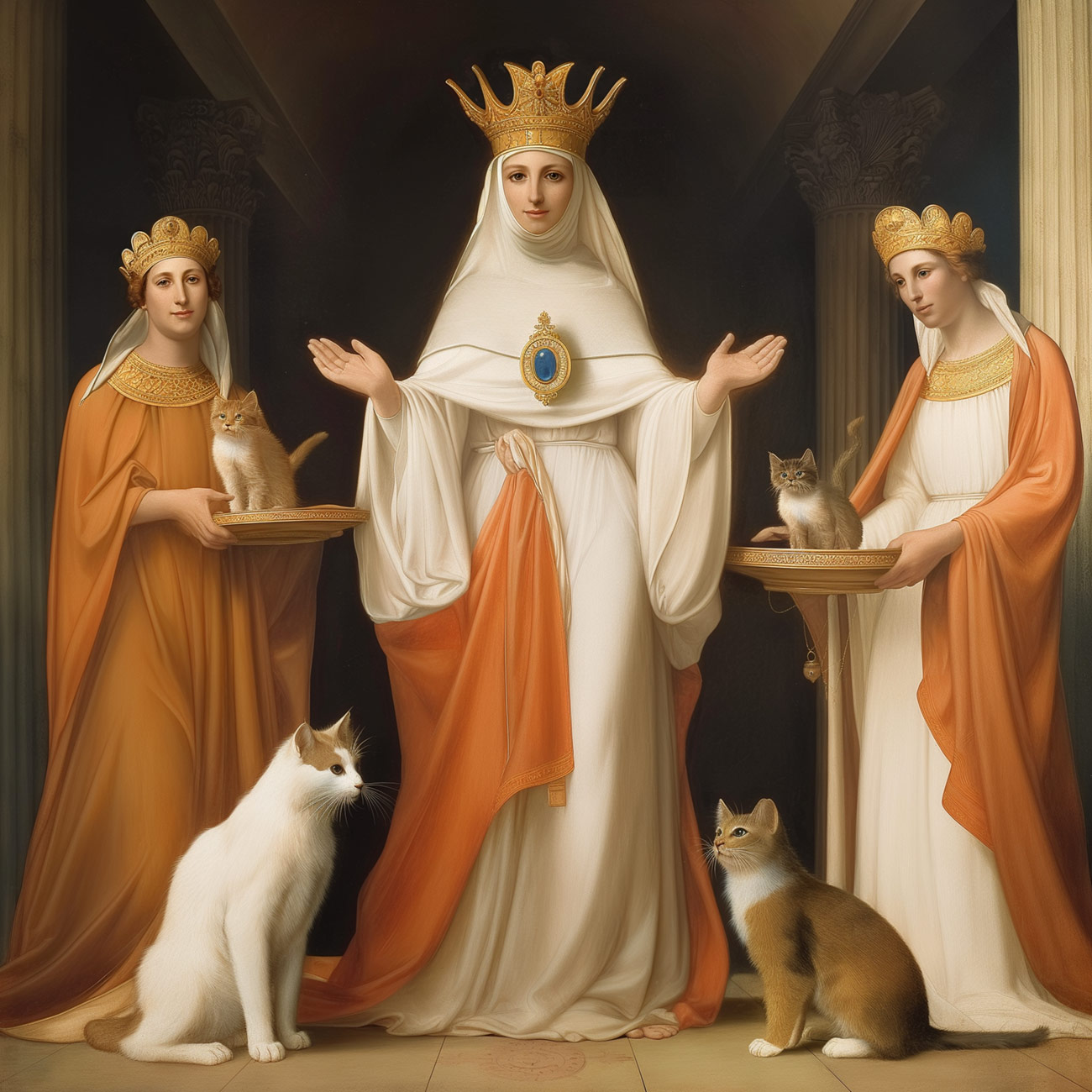 A crowned priestess with kittens and cats.
