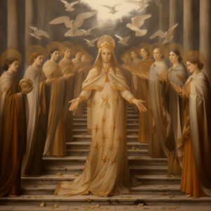 A priestess on the Temple stairs, surrounded by acolytes.