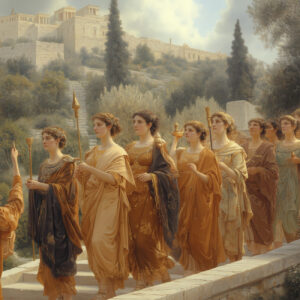 Novice priestesses participate in a procession.