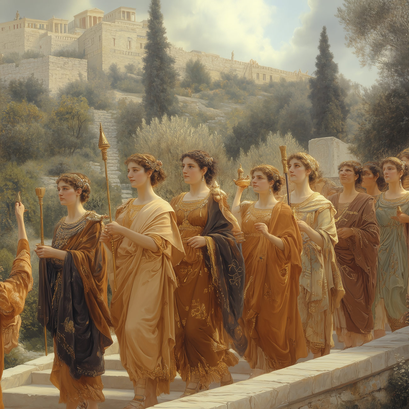 Novice priestesses participate in a procession.