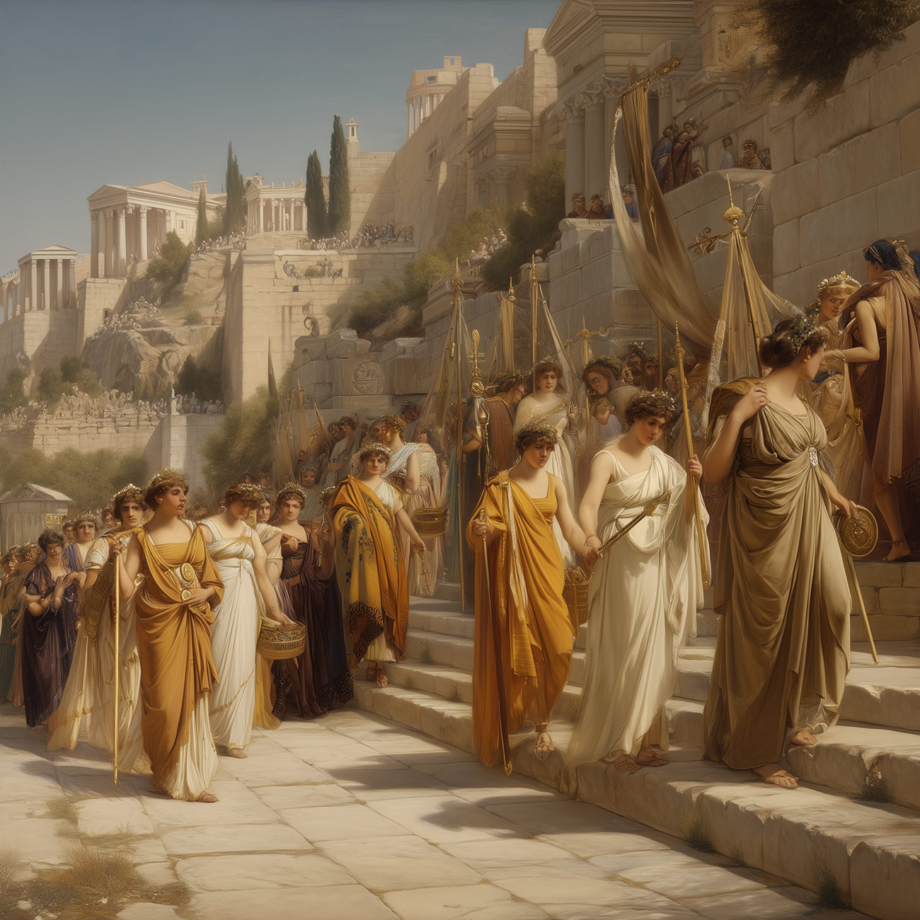 Priestesses lead a procession through an ancient Greek city.