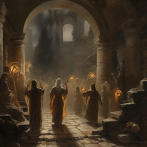 Priestesses perform a ceremony in a ruined temple at night.