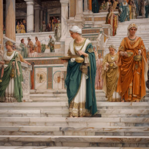 A priestess performs a ceremony on the temple stairs.