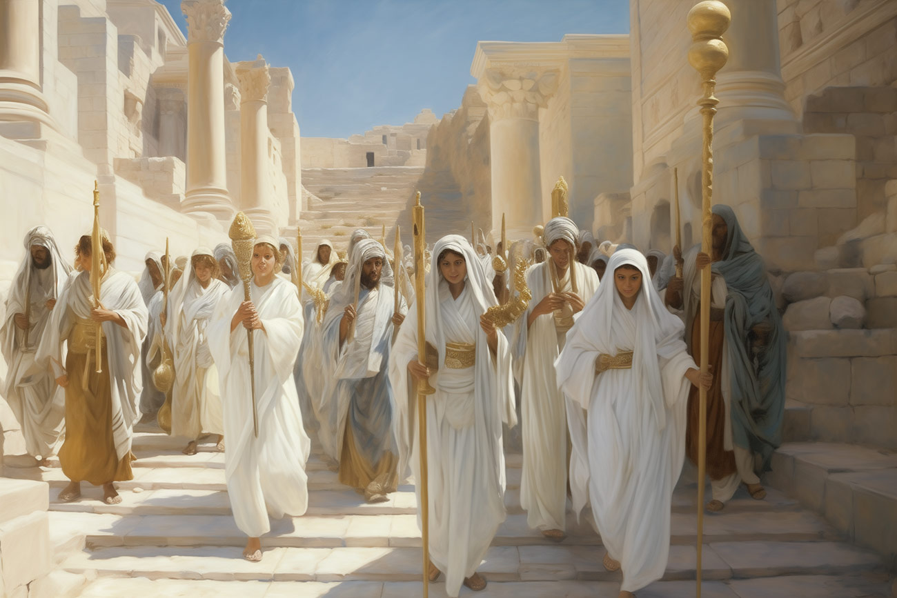 Priestesses lead a procession through an ancient Mediterranean temple.