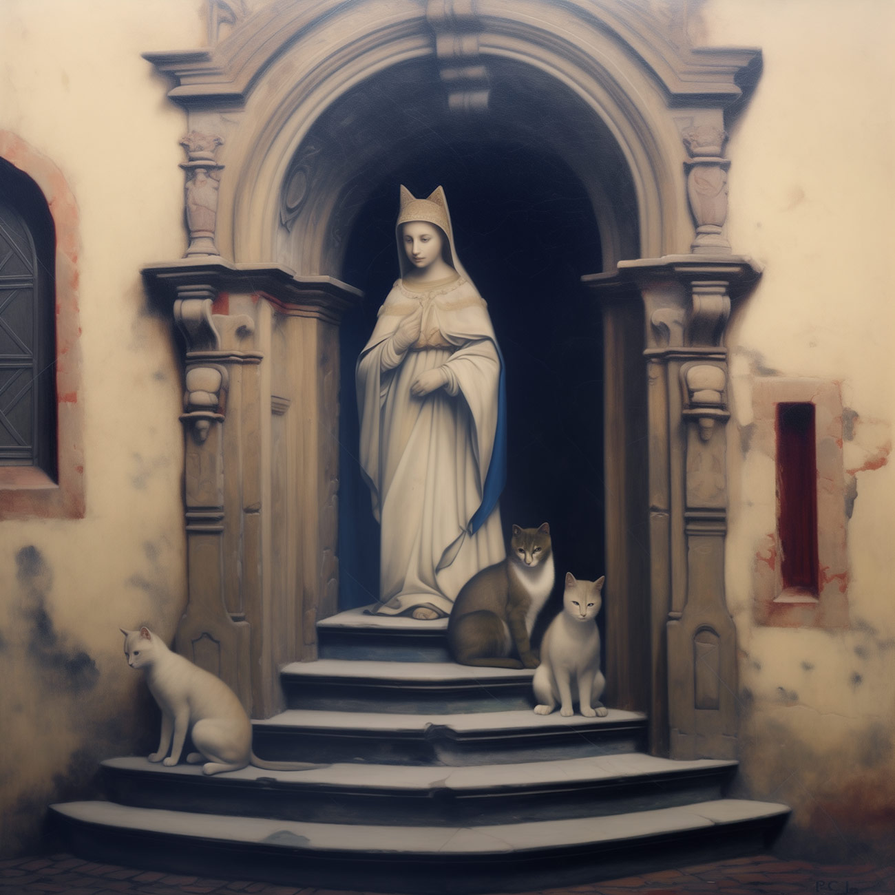 Priestess stands in the doorway with cats.
