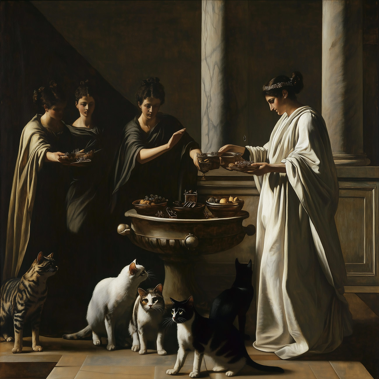 A priestess and her assistants prepare the offering at the temple.