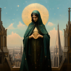 A priestess stands between steeples and holds a large crystal.