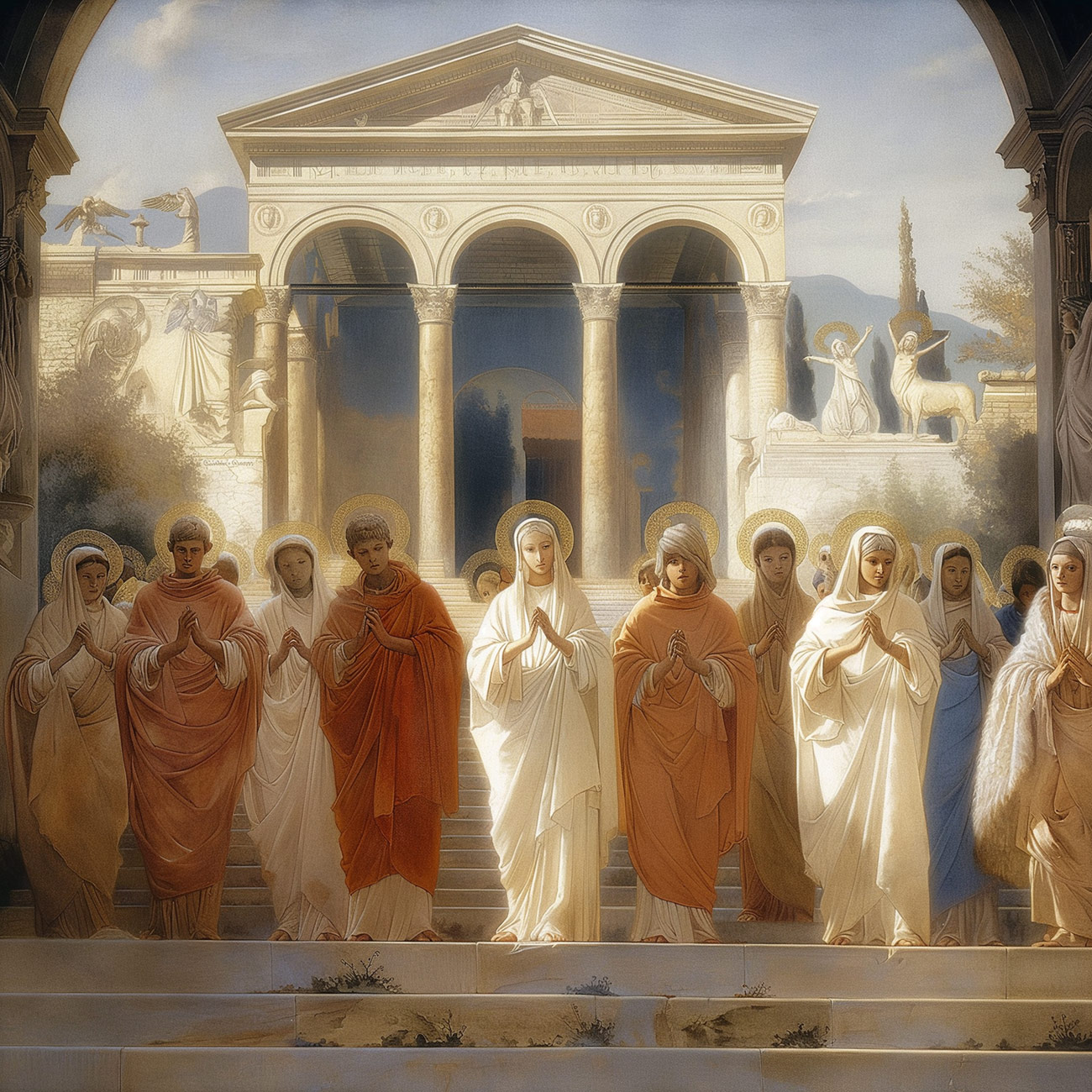 Priestesses and priests pray outside a temple.
