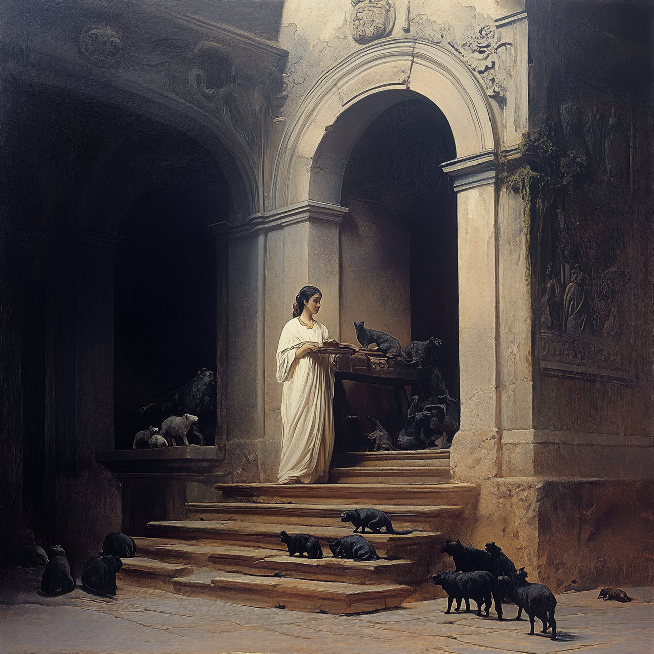 A priestess feeds the temple animals.