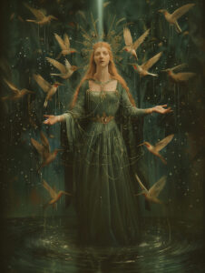 A priestess in green performs a ceremony in water, surrounded by hummingbirds.