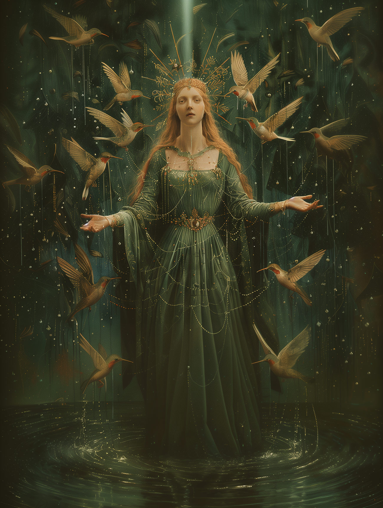 A priestess in green performs a ceremony in water, surrounded by hummingbirds.