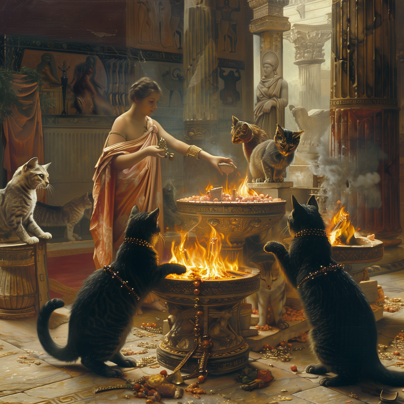 A priestess pours libations into the temple fire while the temple cats watch.