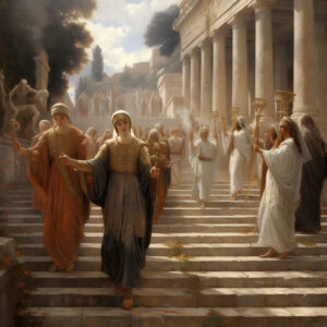 Two priestesses lead a parade through an ancient Greek city.