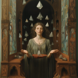A priestess stands in a stained glass alcove with floating crystals.