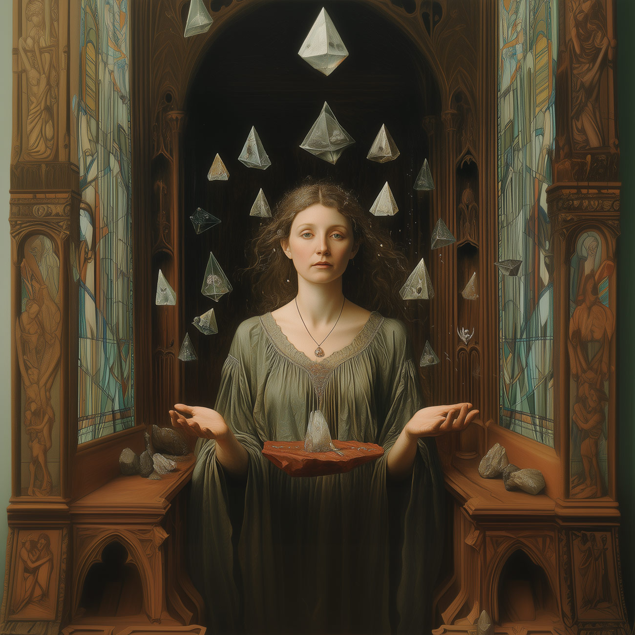 A priestess stands in a stained glass alcove with floating crystals.