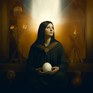 A priestess holds a sacred giant egg.