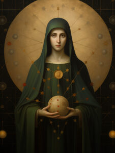 A priestess holds a sacred sphere with stars.
