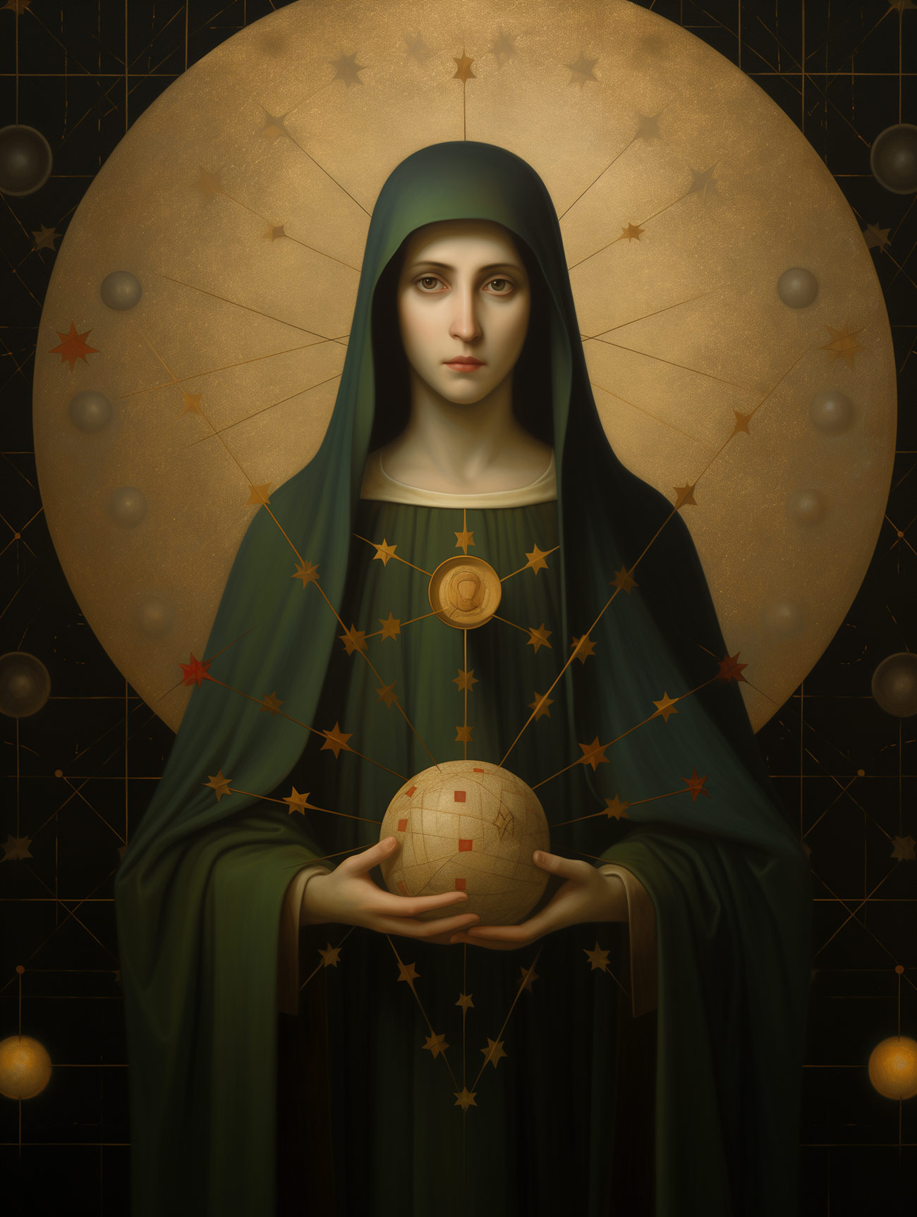 A priestess holds a sacred sphere with stars.