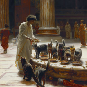 A priestess feeds the temple cats.