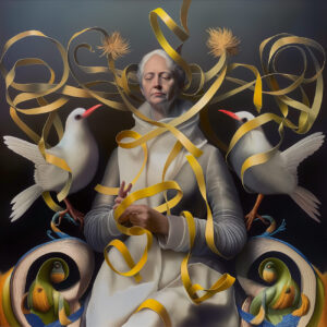 A precess surrounded by golden ribbons and white birds.