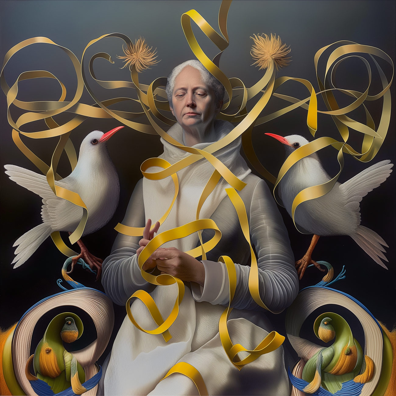 A precess surrounded by golden ribbons and white birds.