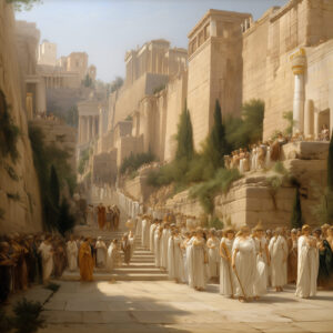 A parade of priestesses through an ancient city.