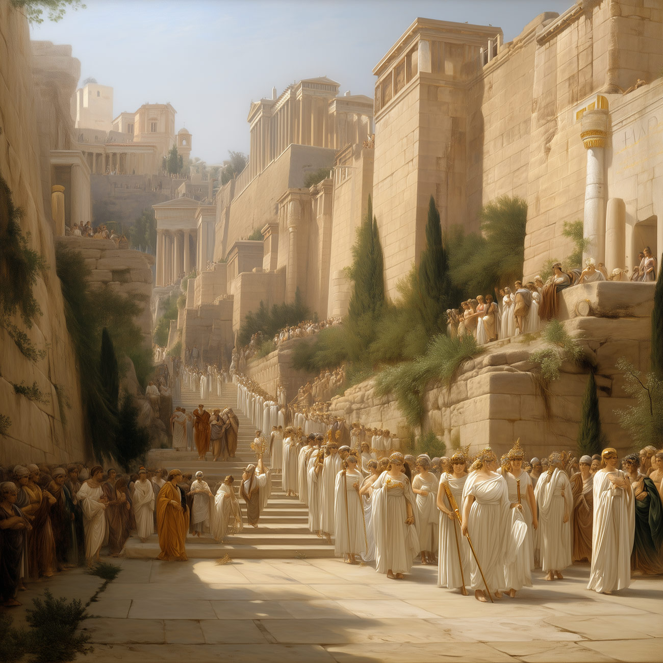 A parade of priestesses through an ancient city.