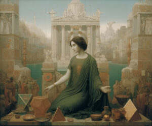 A priestess kneeling on a dais in an ancient city.