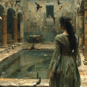 A priestess standing by an impluvium.