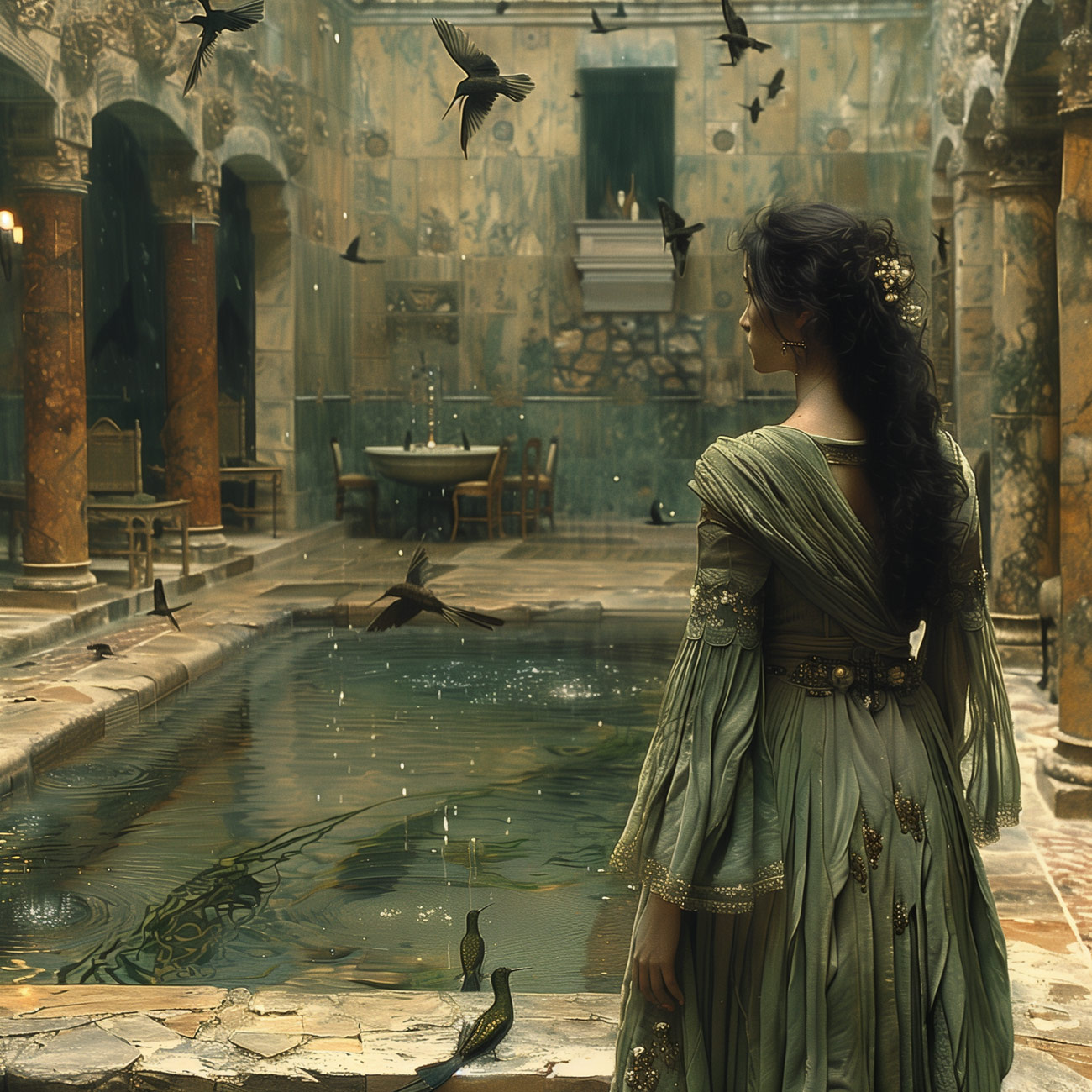 A priestess standing by an impluvium.