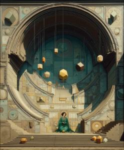 A priestess kneeling outside a temple.